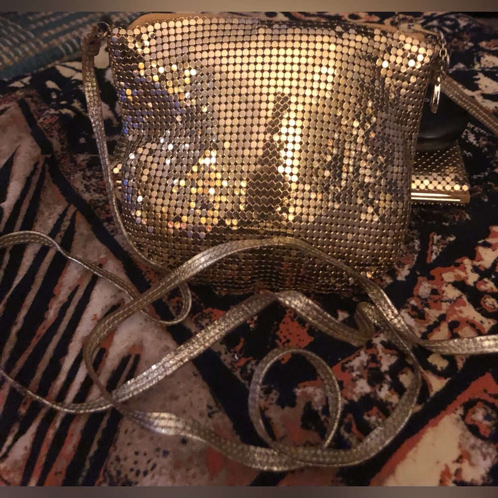 Vintage Whiting & Davis Gold Mesh Pouch Crossbody Bag Gold Leather Straps